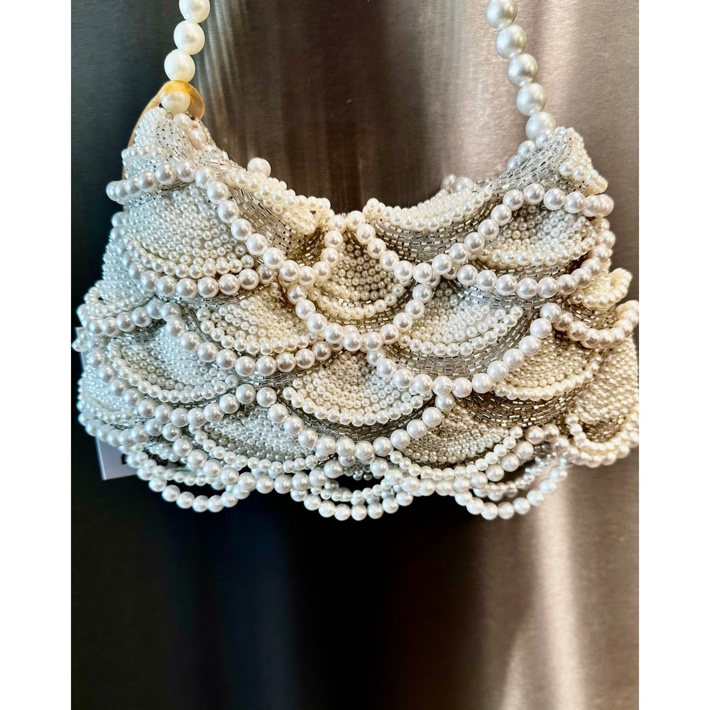 VIRAL INDIA HANDMADE Beaded Pearl Scallop Evening Bag Bridal Wedding Clutch - Picture 9 of 11